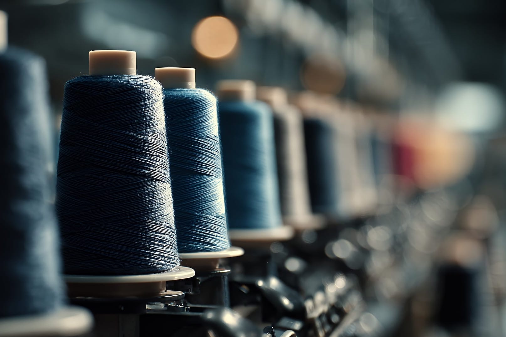 Indigo-dyed yarn cones lined up on the warping creel at the Viva Denim mill